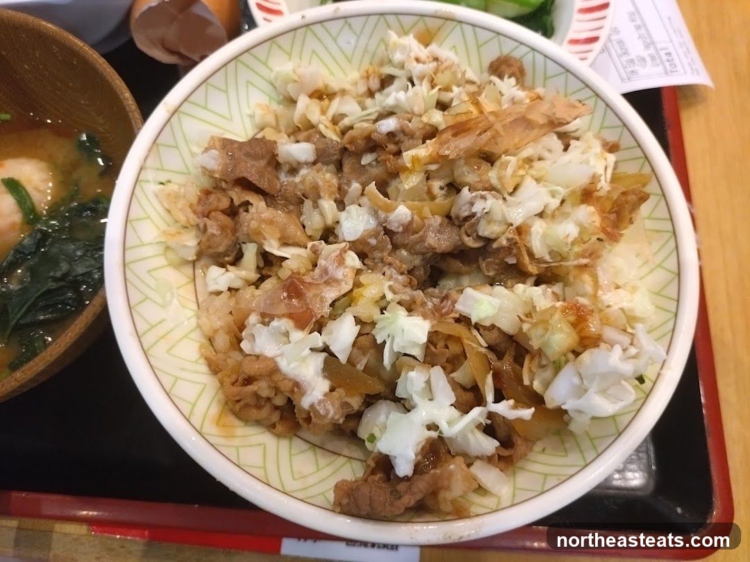 Beef bowl with cabbage and miso soup