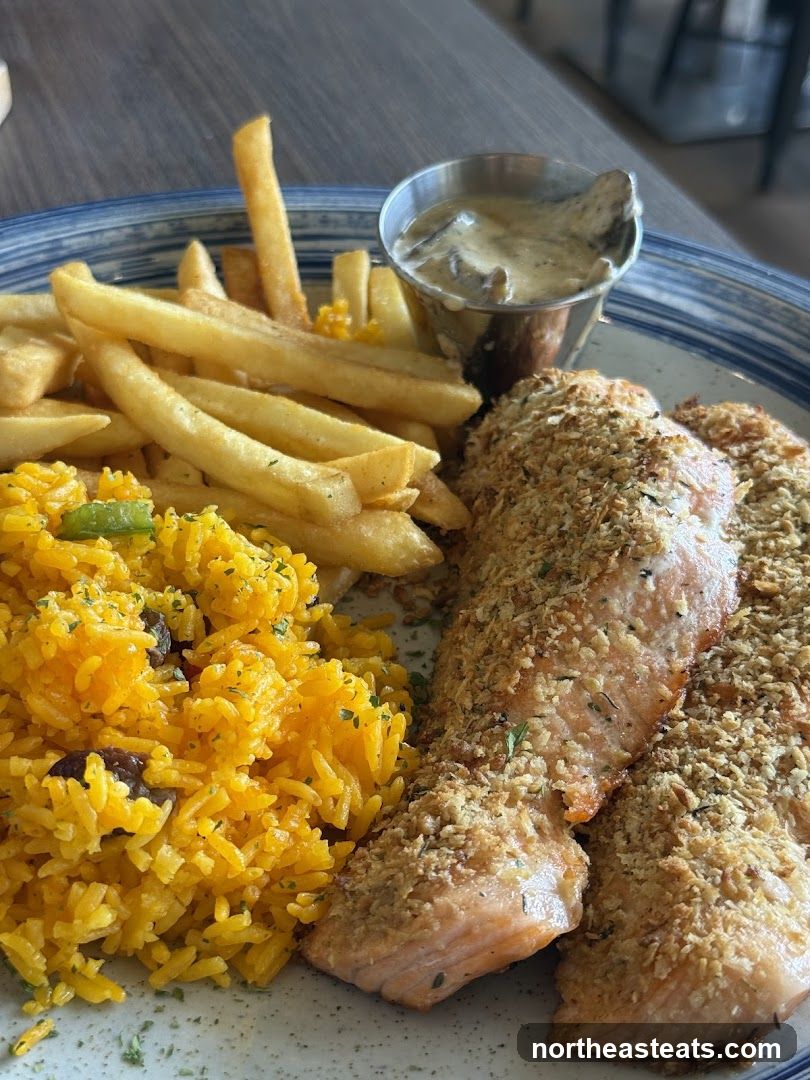 Breaded Salmon with Rice and Fries