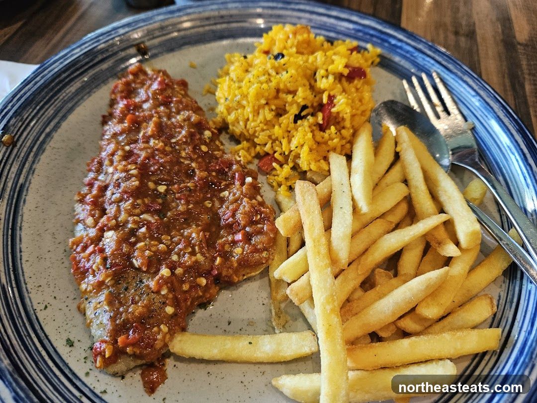 Fish with Spicy Sauce, Rice, and Fries