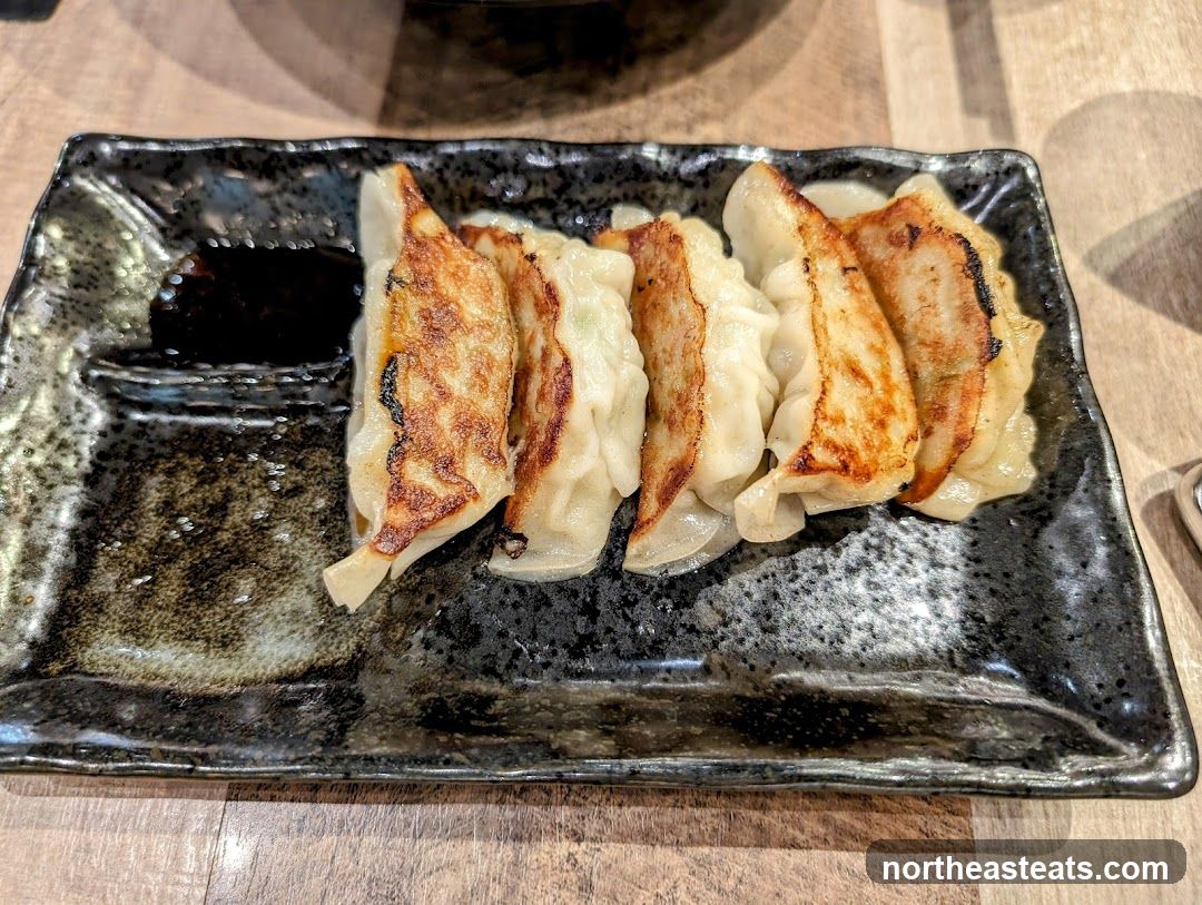 Pan-fried dumplings with dipping sauce