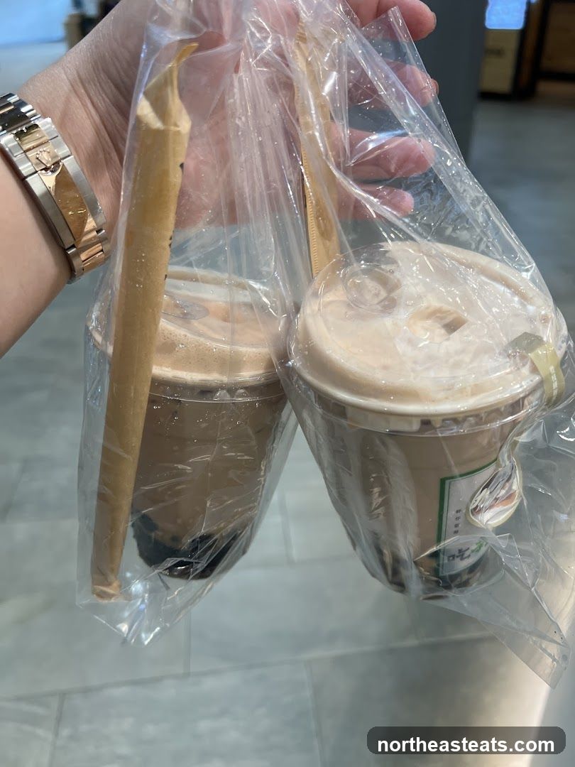 Two bubble teas in a plastic bag