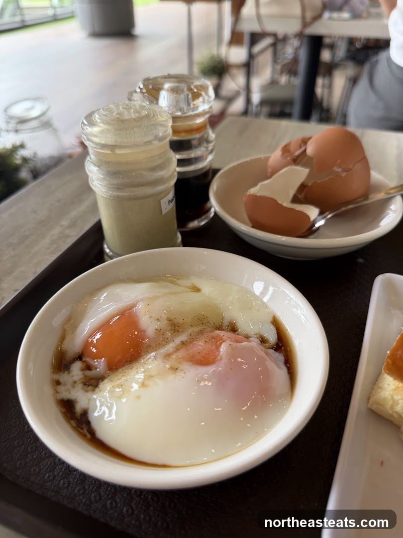 Soft-boiled eggs with soy sauce and pepper