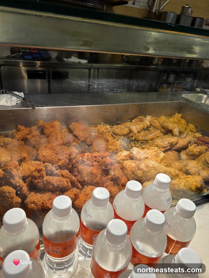 Fried Food Display with Bottled Drinks