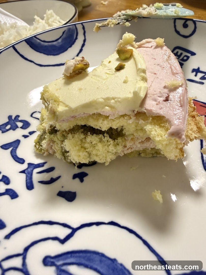 Slice of Pistachio and Strawberry Cake