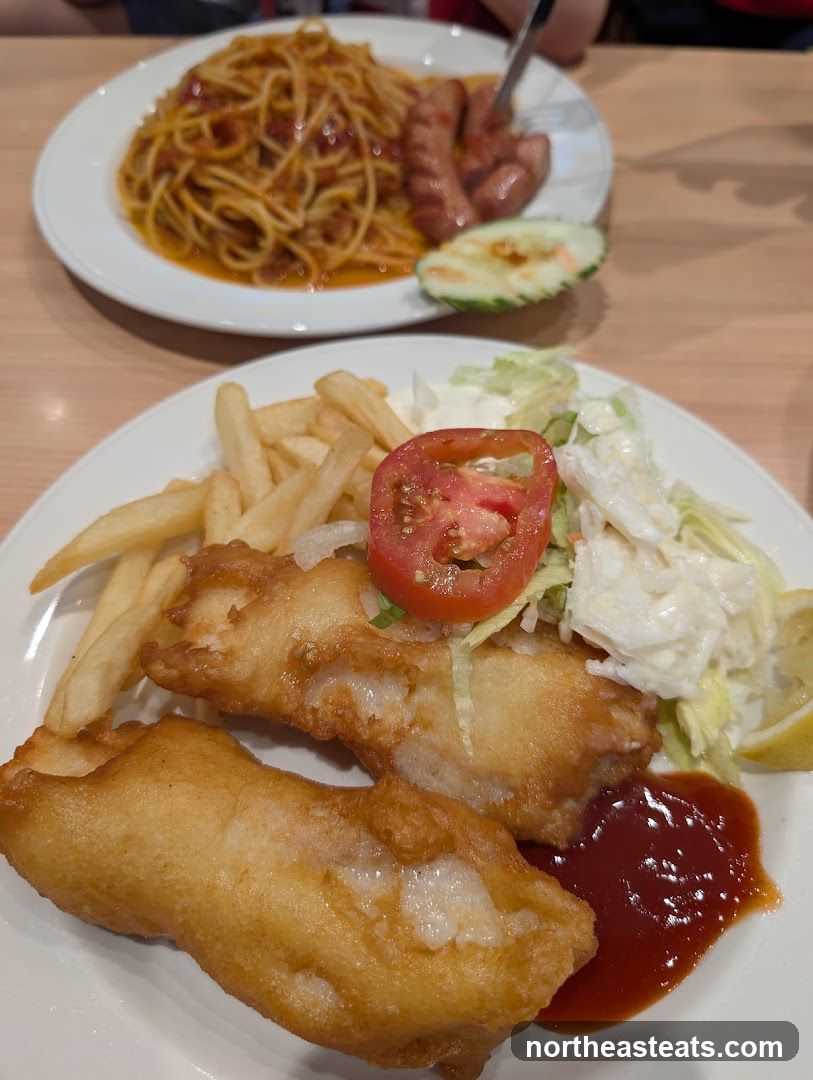 Fish and Chips with Spaghetti and Sausages