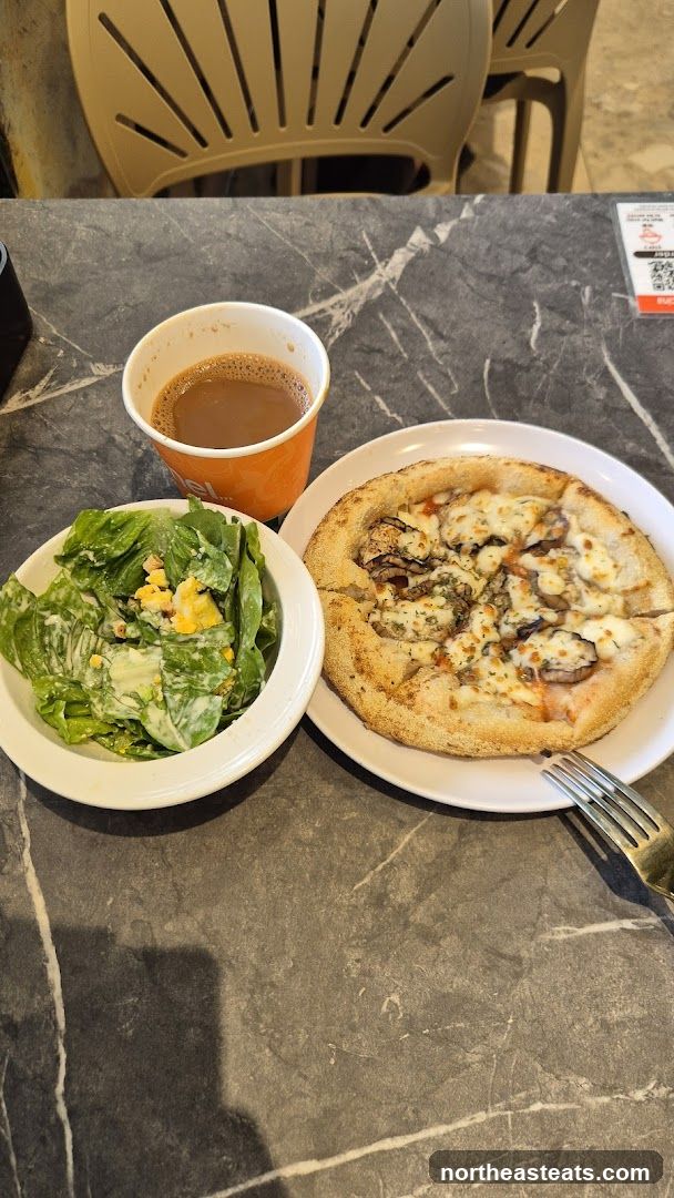 Pizza, Salad, and Coffee