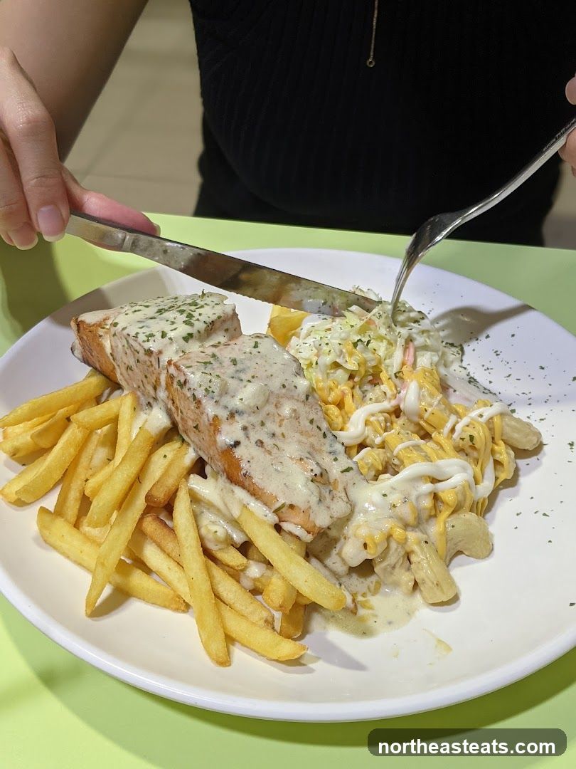 Salmon with Fries and Pasta