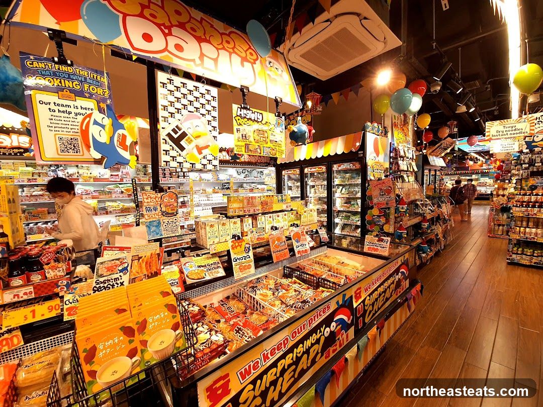 Supermarket aisle with food products