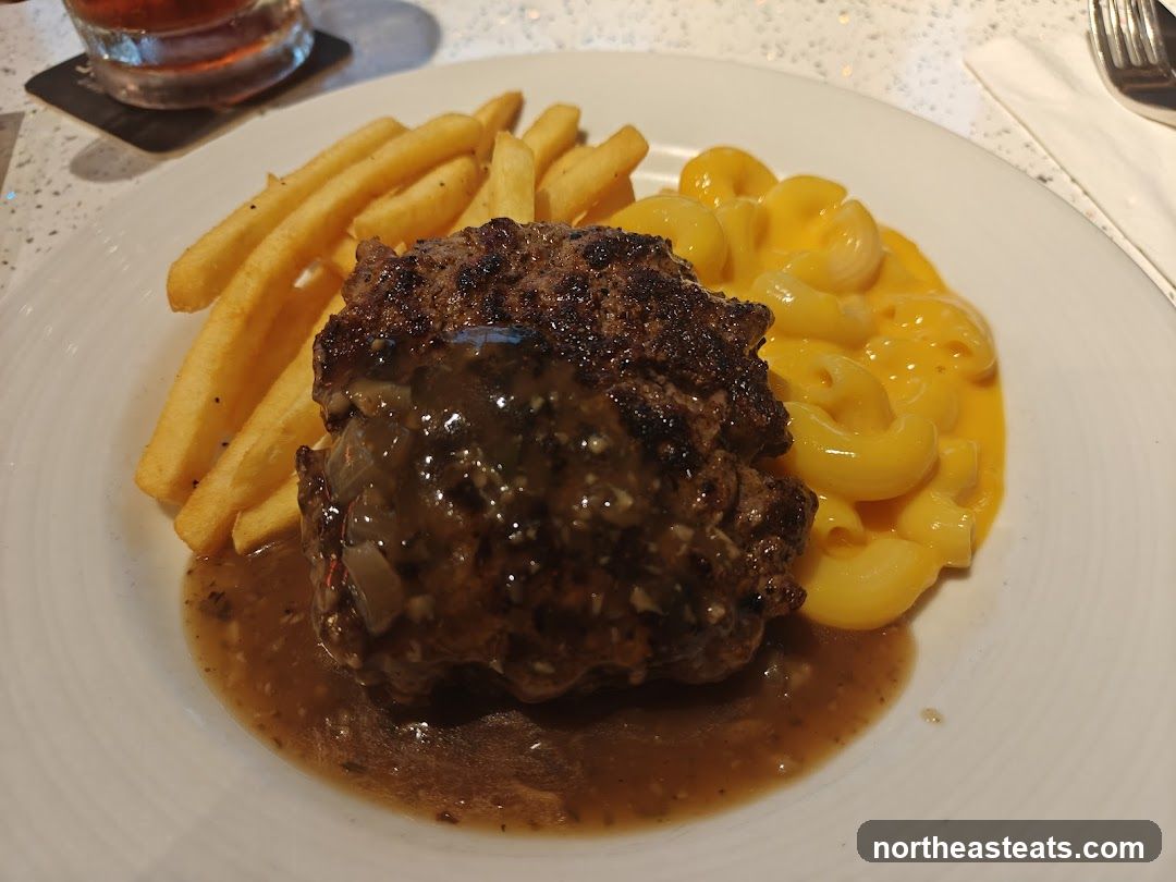 Salisbury Steak with Mac and Cheese and Fries