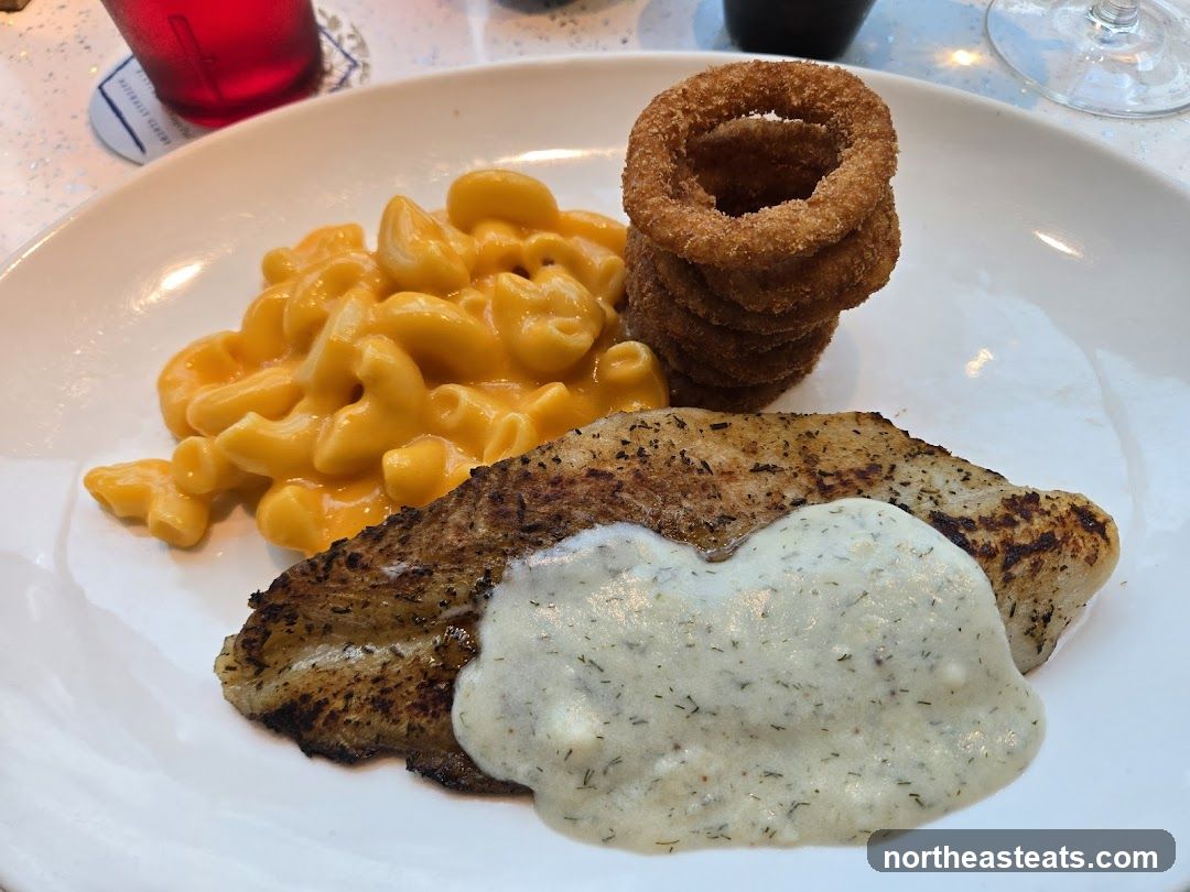 Fish with Mac and Cheese and Onion Rings