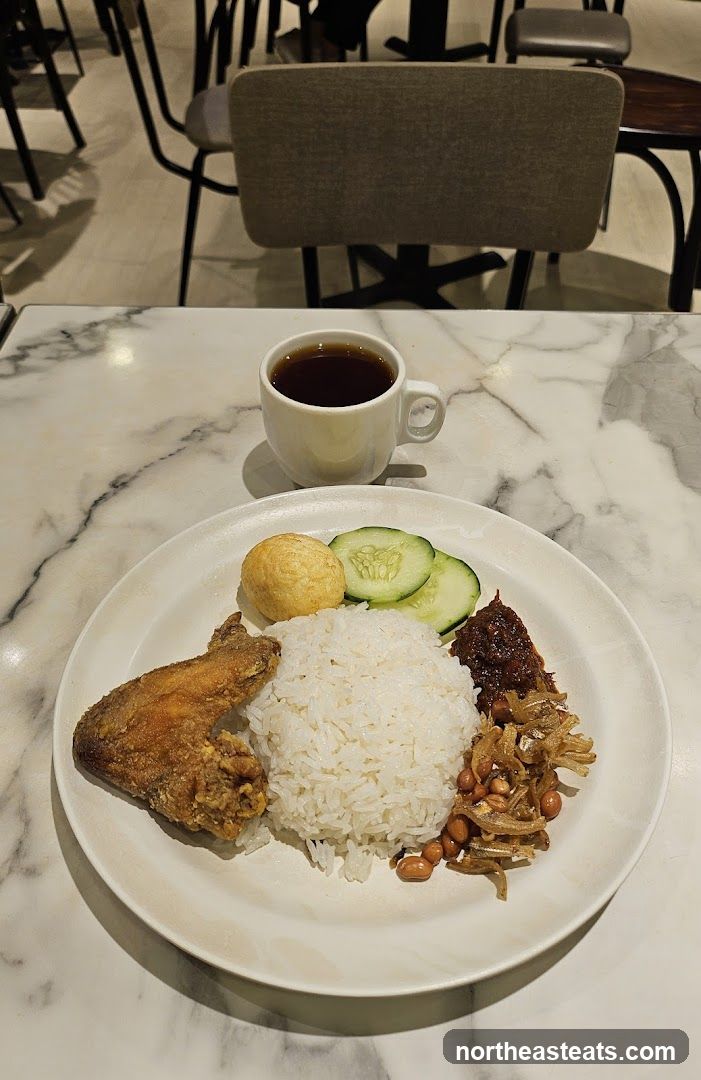 Nasi Lemak with Fried Chicken Wing and Tea