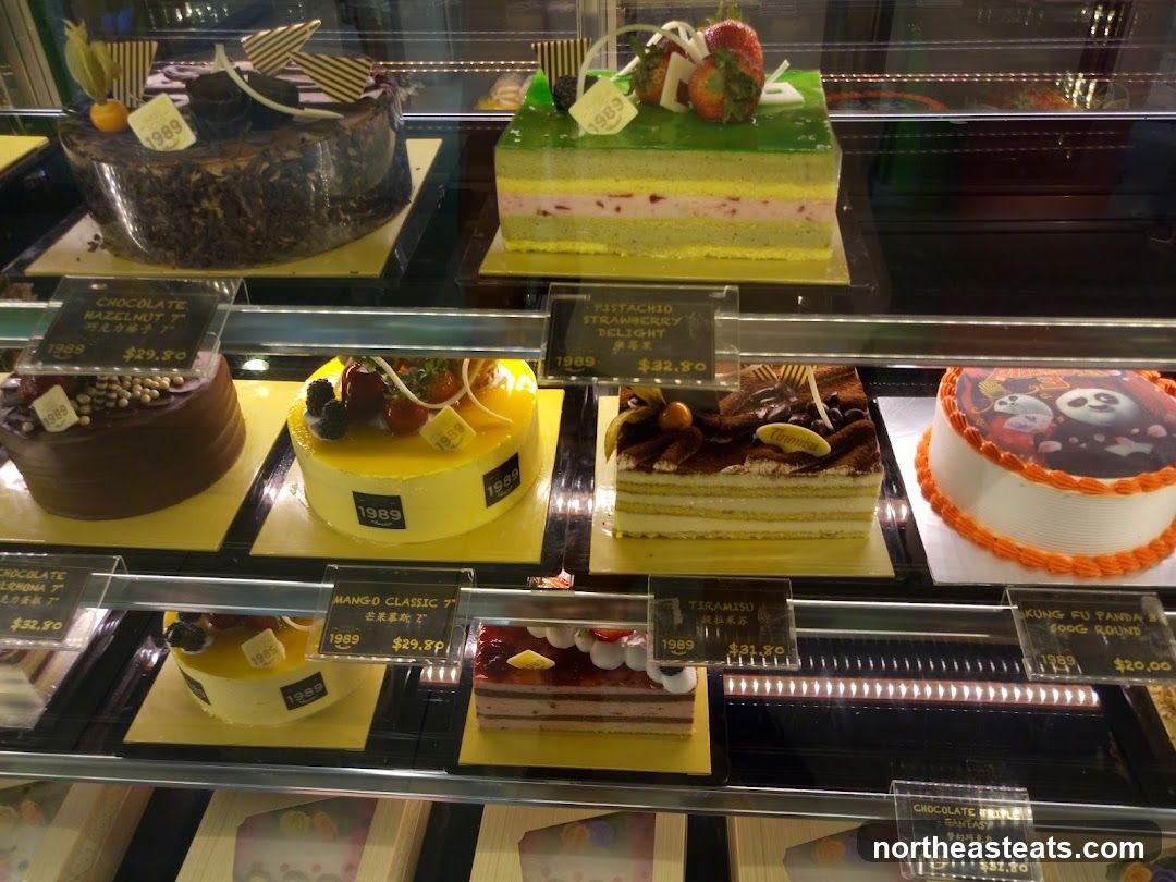 Cakes in a display case