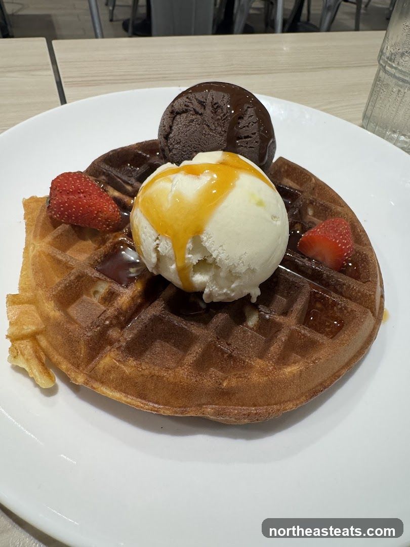 Waffle with Ice Cream and Strawberries
