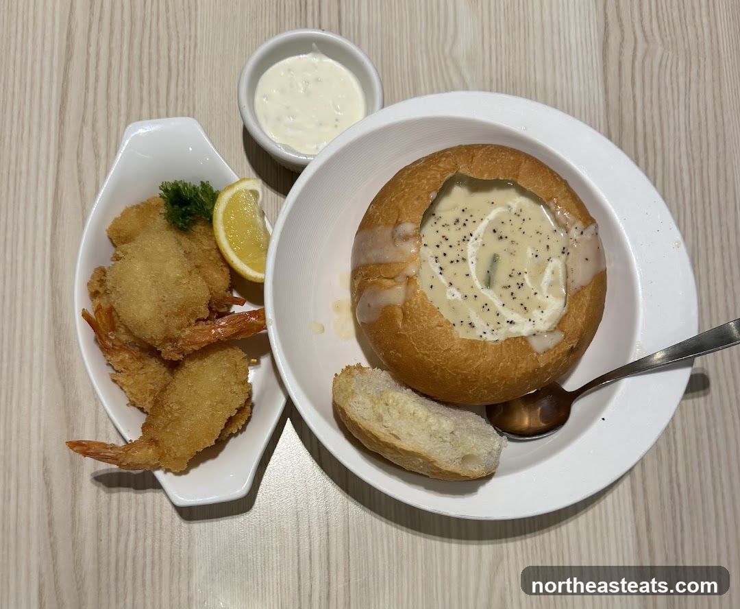 Bread bowl soup with fried shrimp