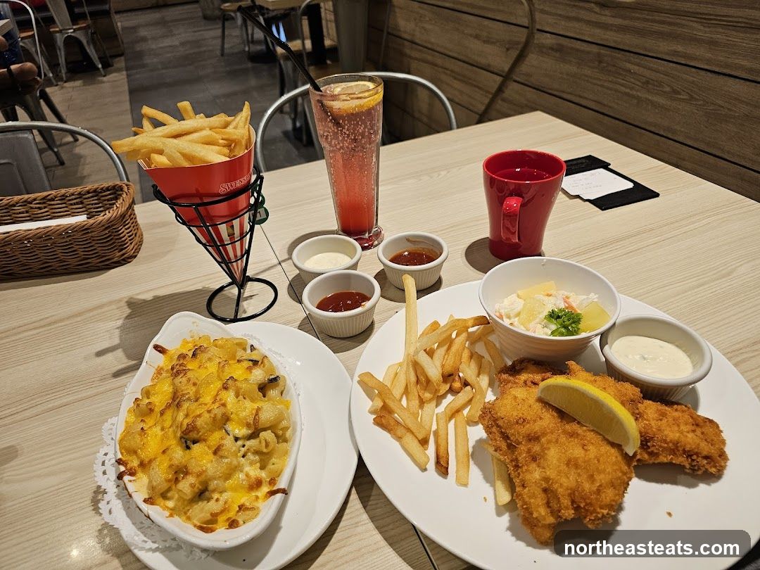 Fish and Chips with Mac and Cheese