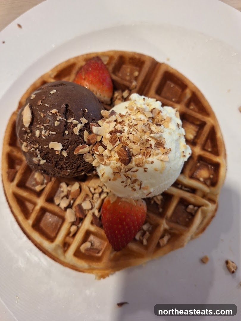 Waffle with Ice Cream and Strawberries