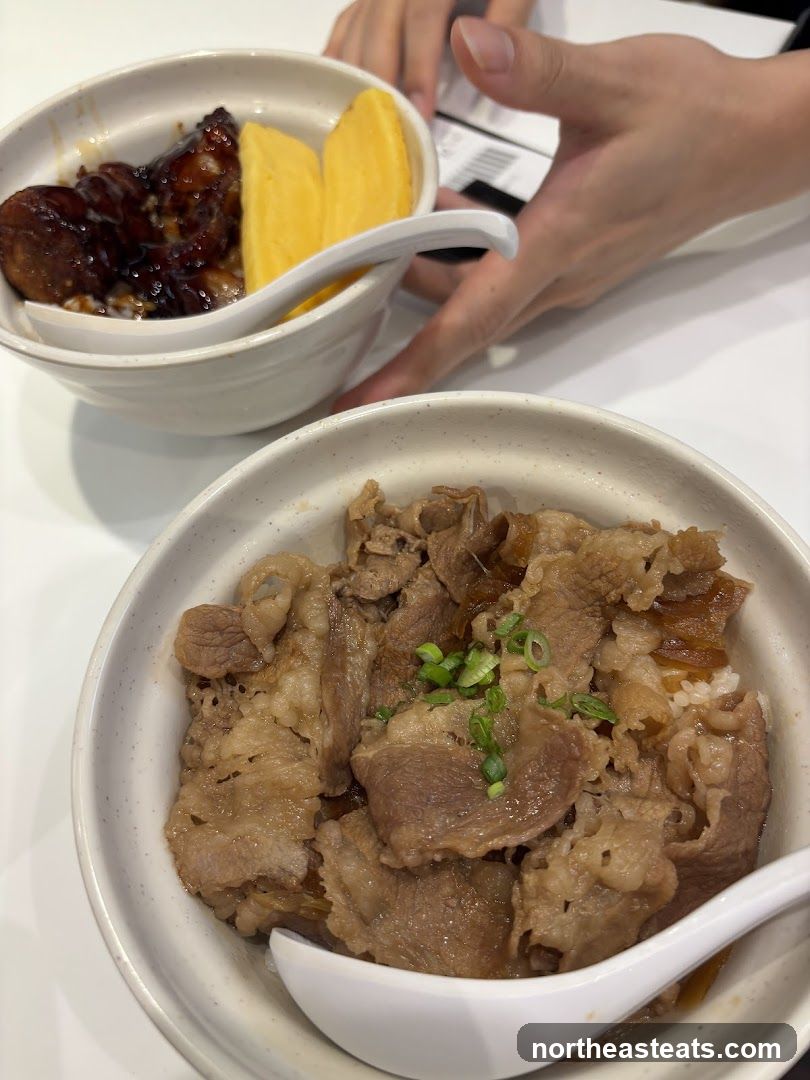 Two bowls of rice with toppings