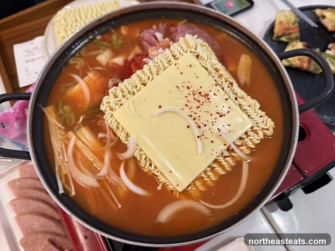 Korean Stew with Instant Noodles and Cheese
