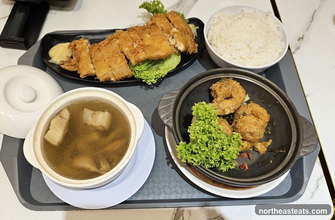Assorted Fried Dishes with Rice and Soup