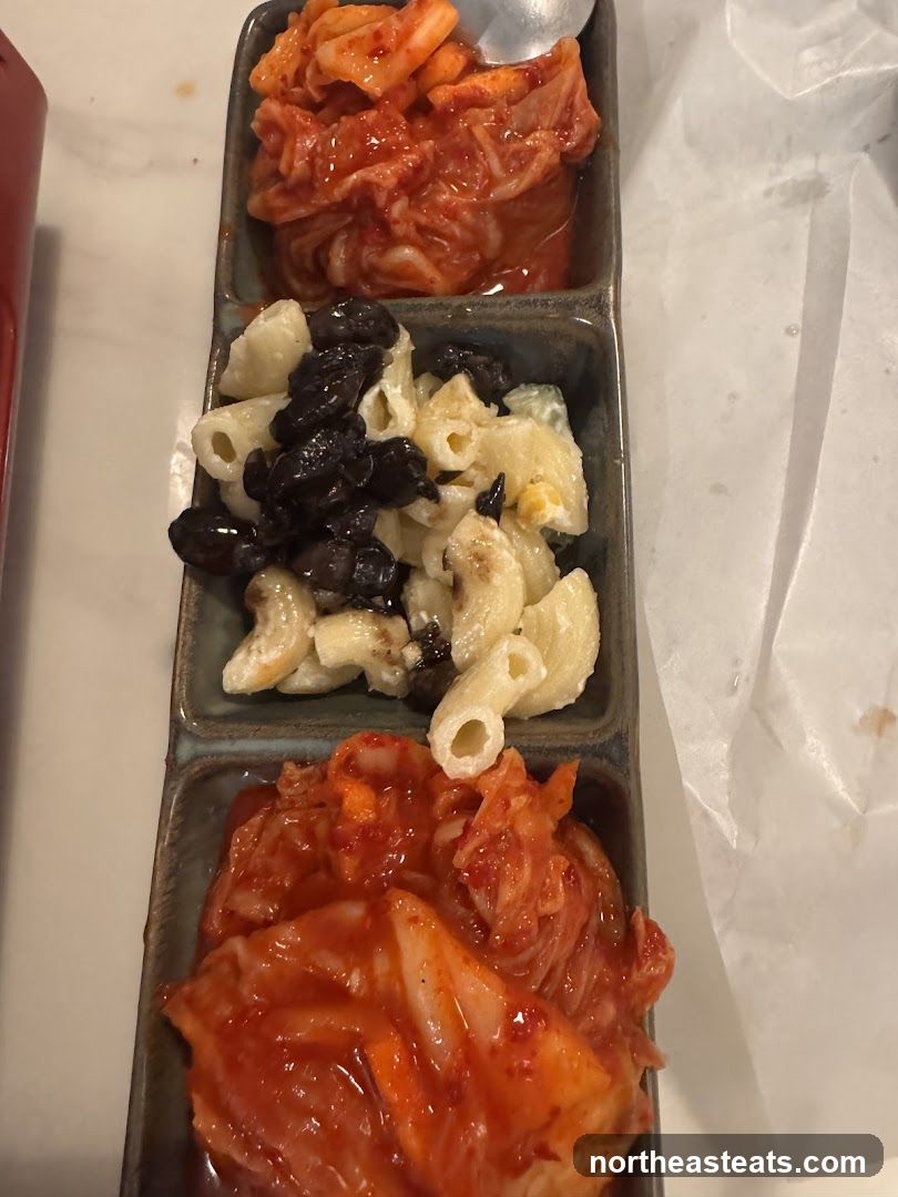 Three Compartment Dish with Kimchi and Pasta Salad