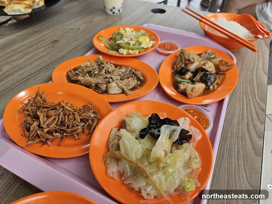 Tray of Food with Rice and Drinks