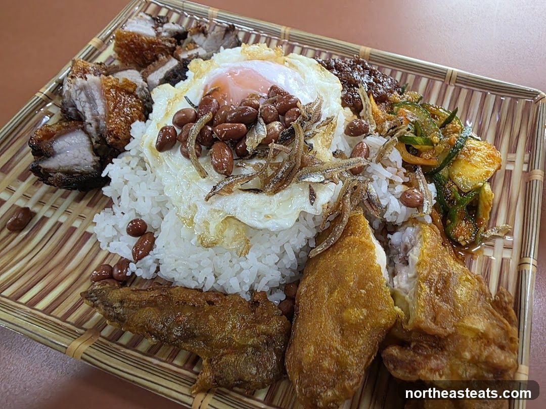 Nasi Lemak with Crispy Pork Belly and Fried Chicken