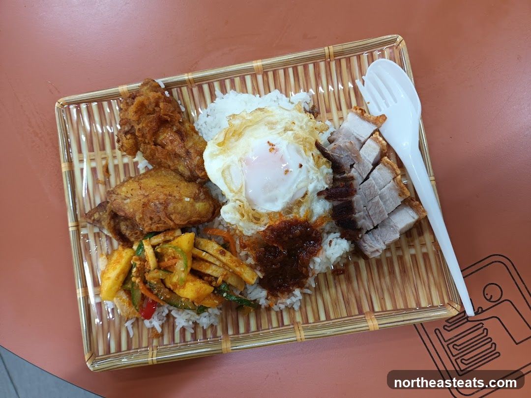 Nasi Lemak with Fried Chicken and Roasted Pork
