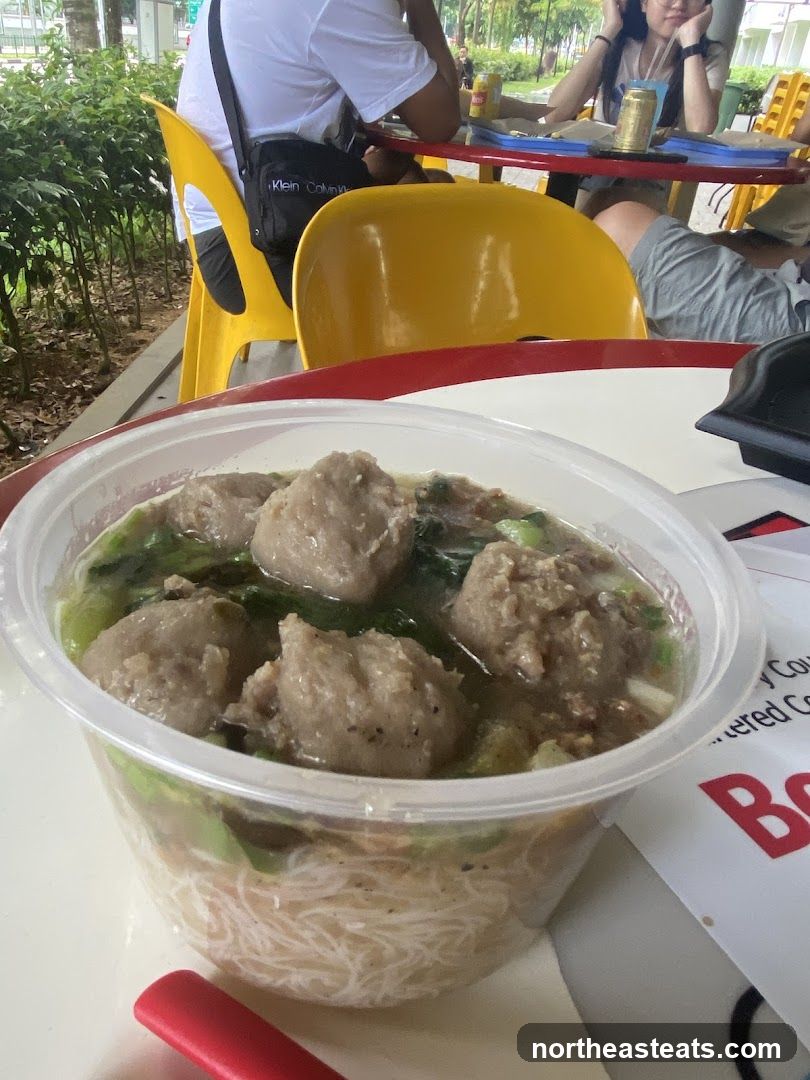 Bowl of noodles with meatballs