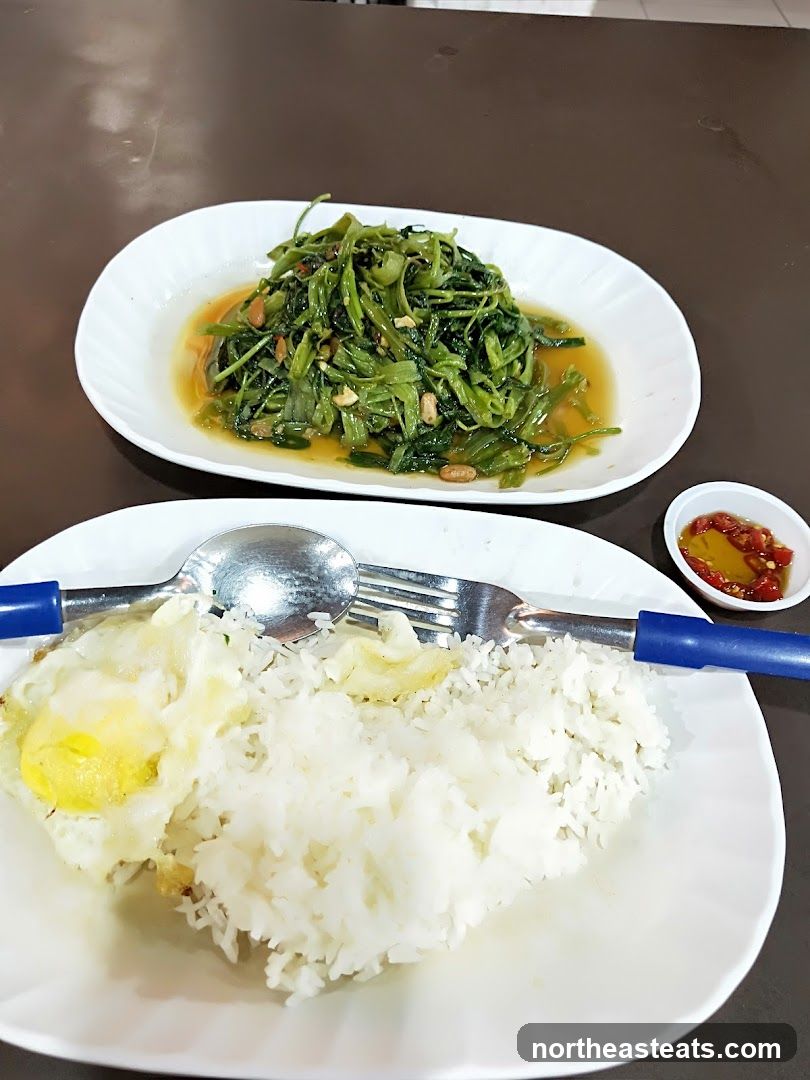 Stir-fried Water Spinach with Rice and Fried Egg
