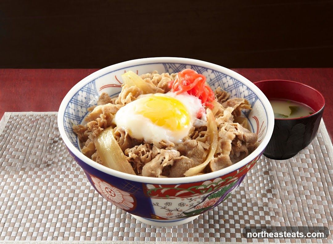 Beef Bowl with Egg and Miso Soup