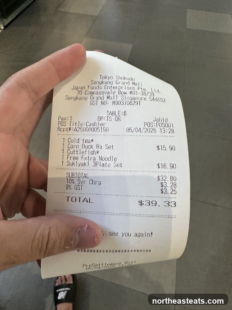 Receipt from Tokyo Shokudo