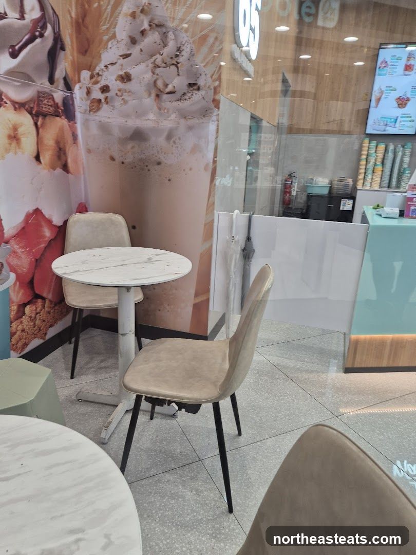 Dessert shop interior with seating