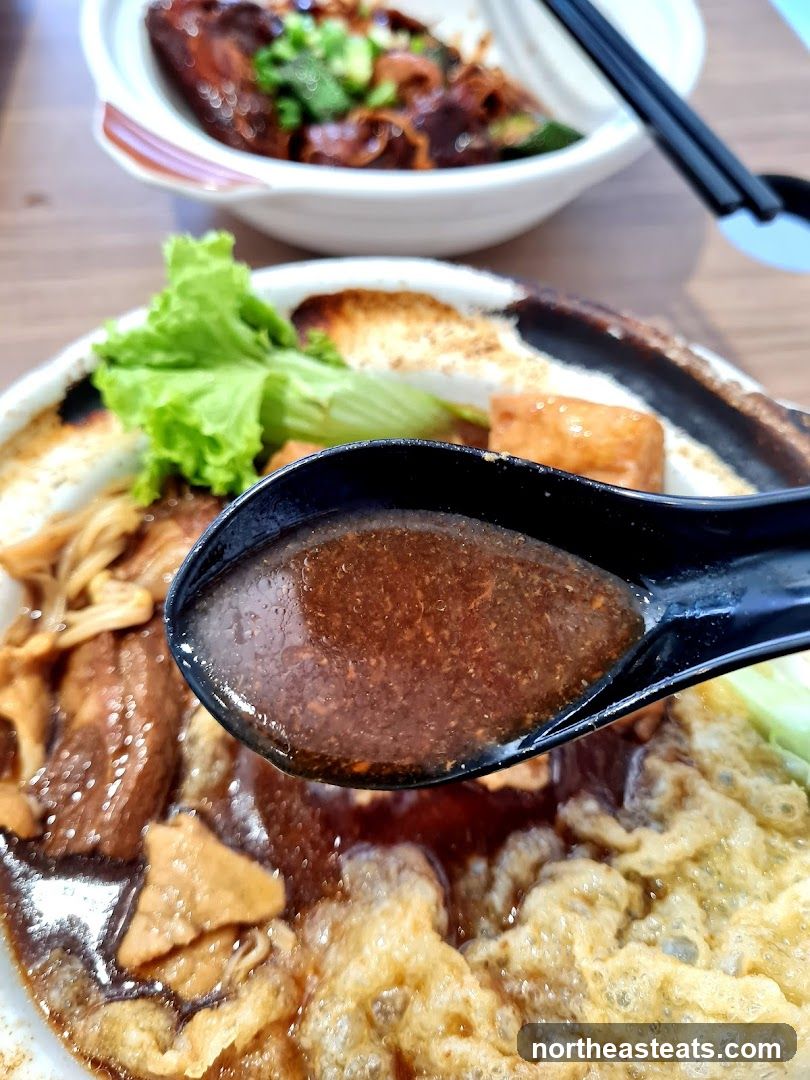 Close-up of a Spoonful of Savory Gravy Over a Dish