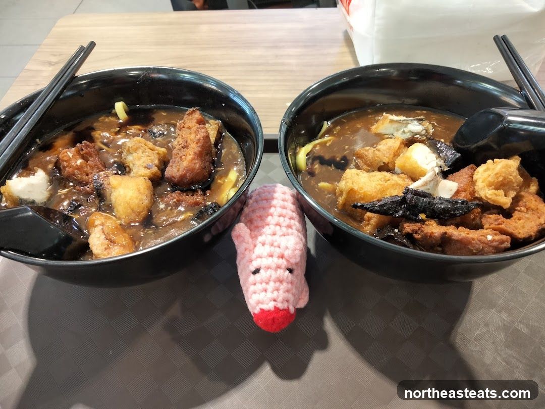 Two bowls of noodles with fried ingredients