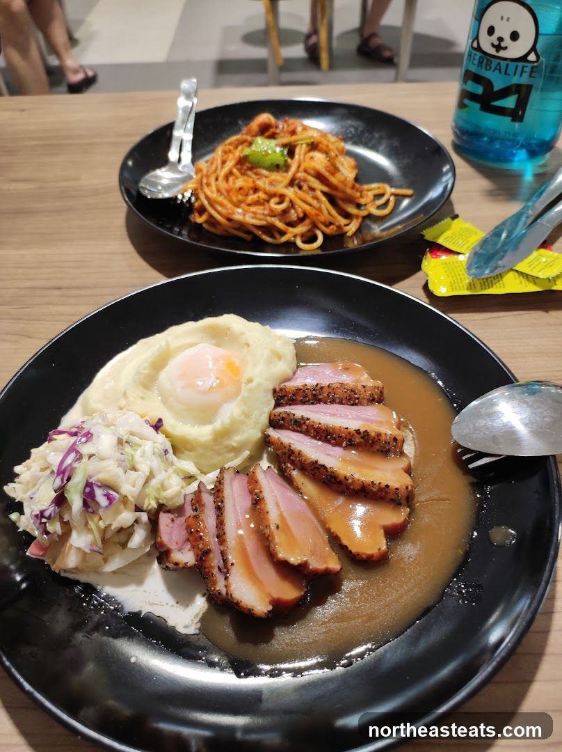 Duck Breast with Mashed Potatoes and Spaghetti