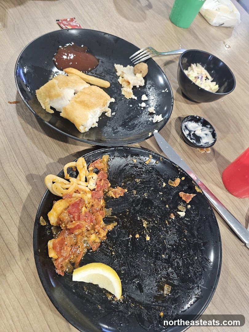 Messy plates of food