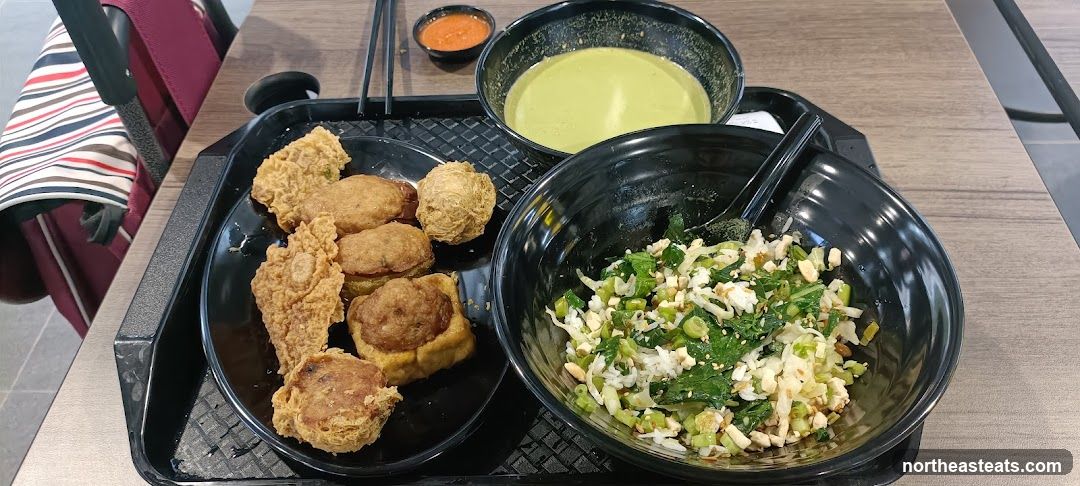 Fried Food Platter with Rice and Soup