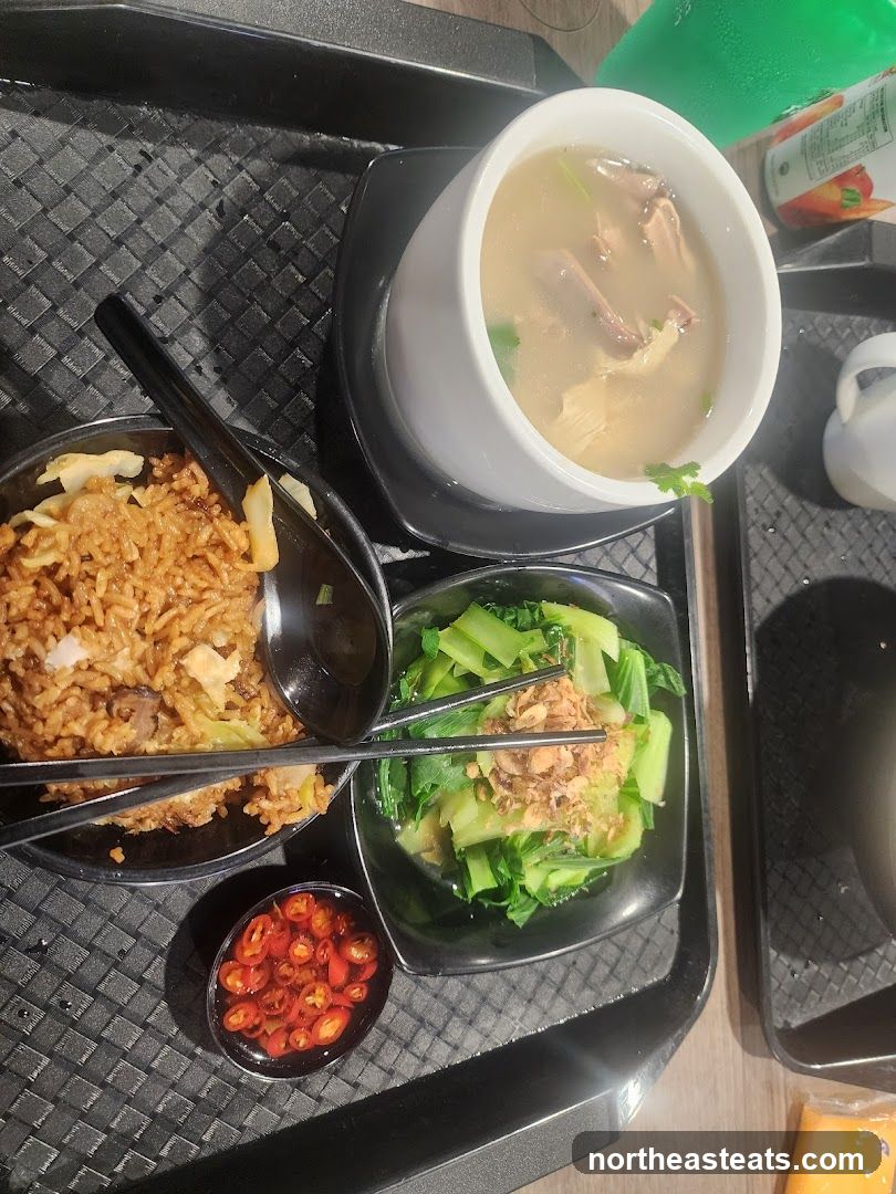 Meal with Fried Rice, Soup, and Vegetables