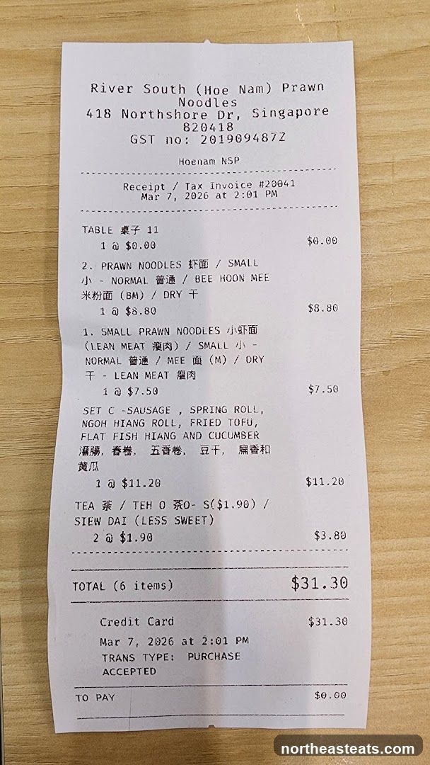 River South (Hoe Nam) Prawn Noodles Receipt