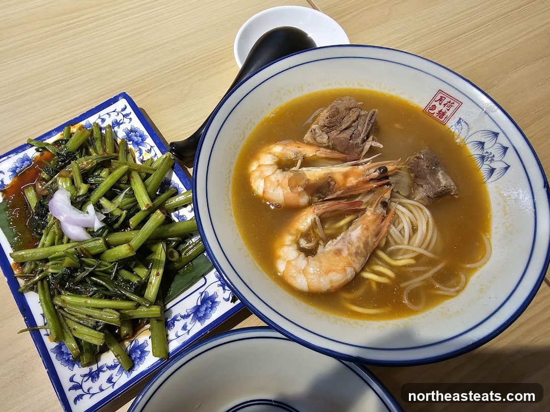 Prawn Noodle Soup and Stir-fried Water Spinach