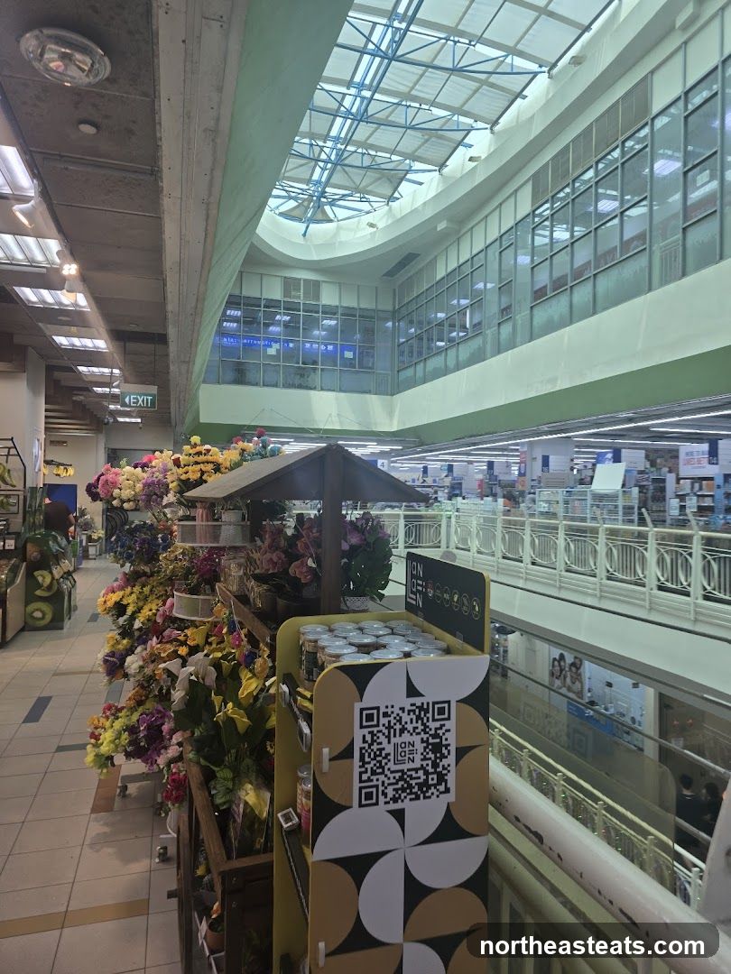 Indoor market with flower stall