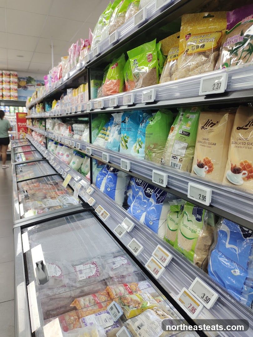 Supermarket aisle with sugar and frozen food