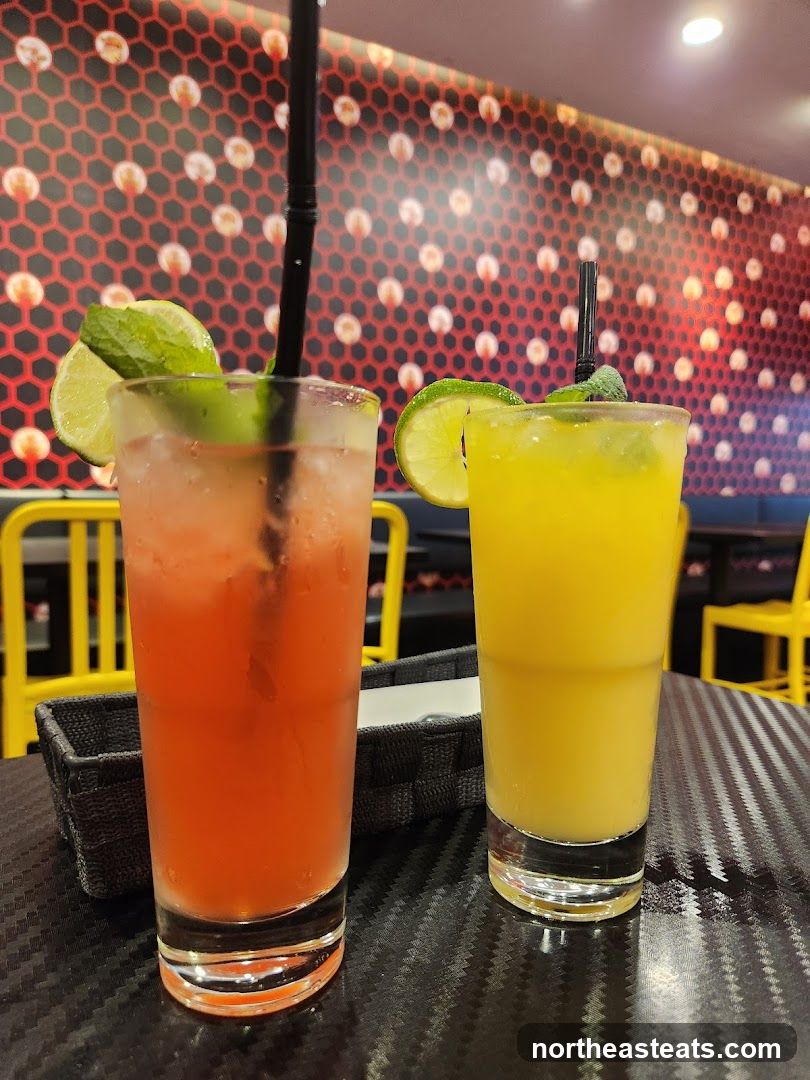 Two colorful drinks on a table