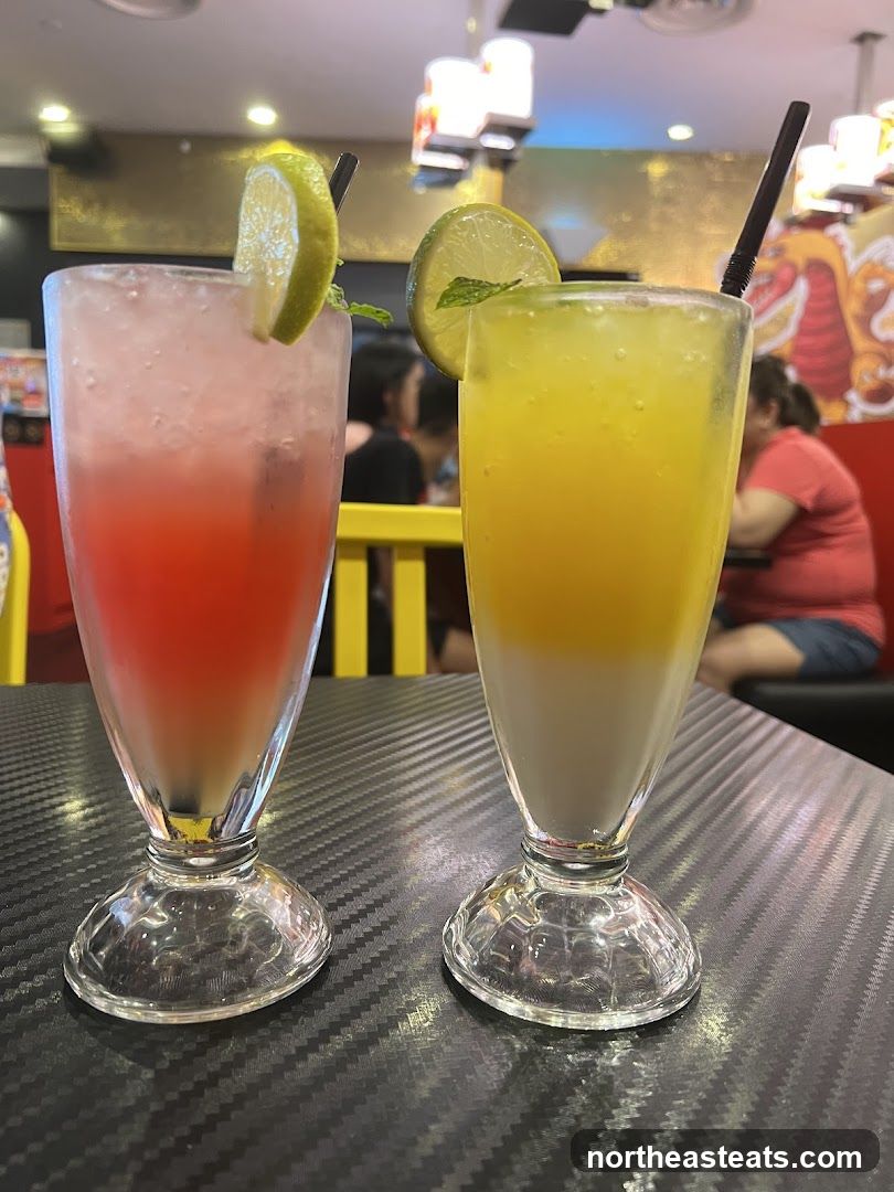 Two colorful drinks on a table