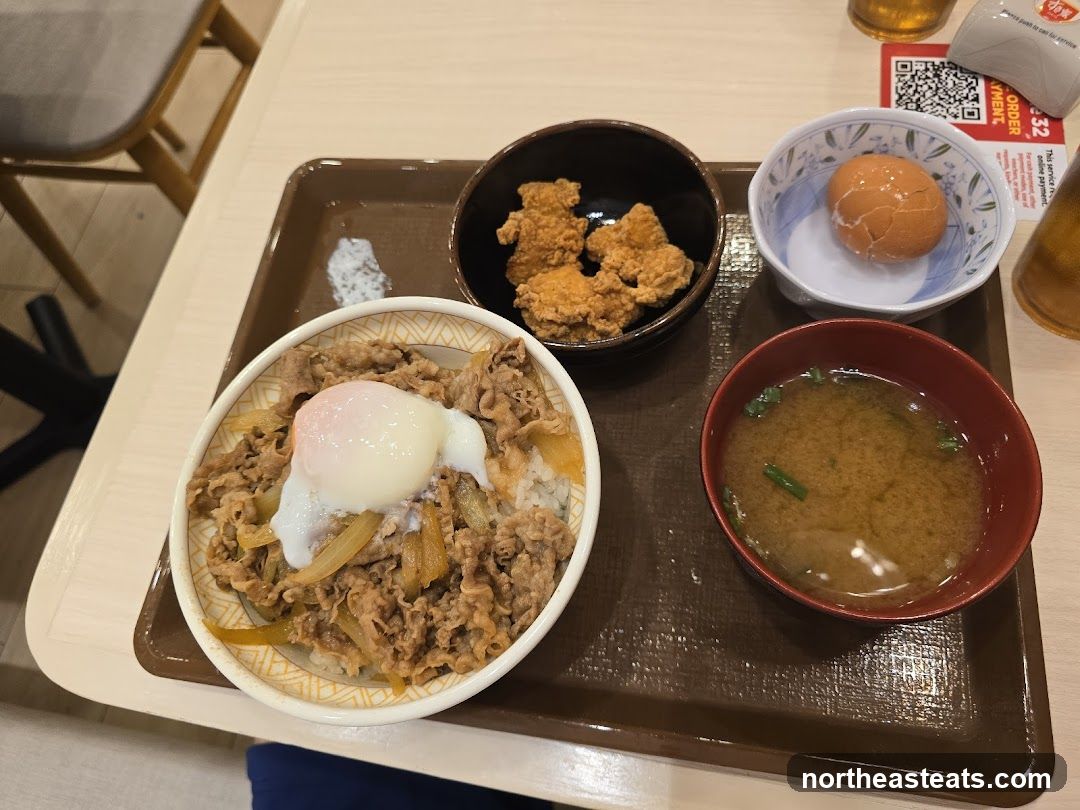 Beef bowl with egg and fried chicken