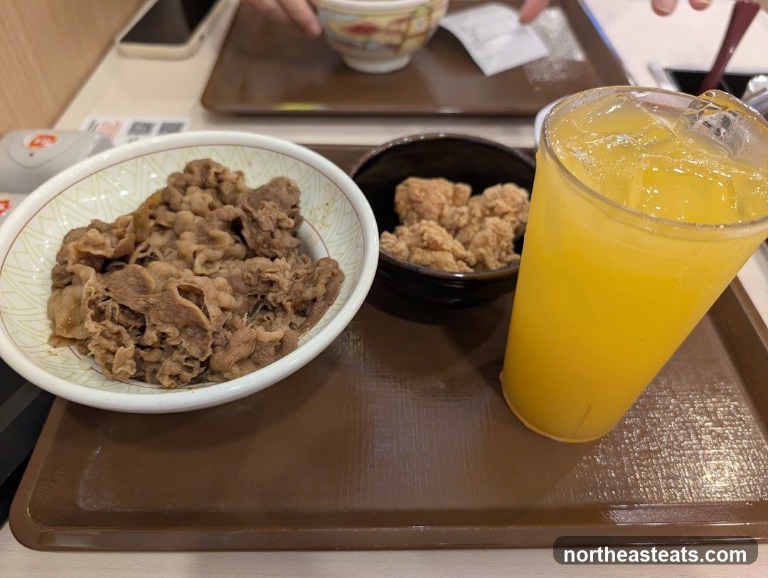 Beef Bowl and Fried Chicken with Orange Drink