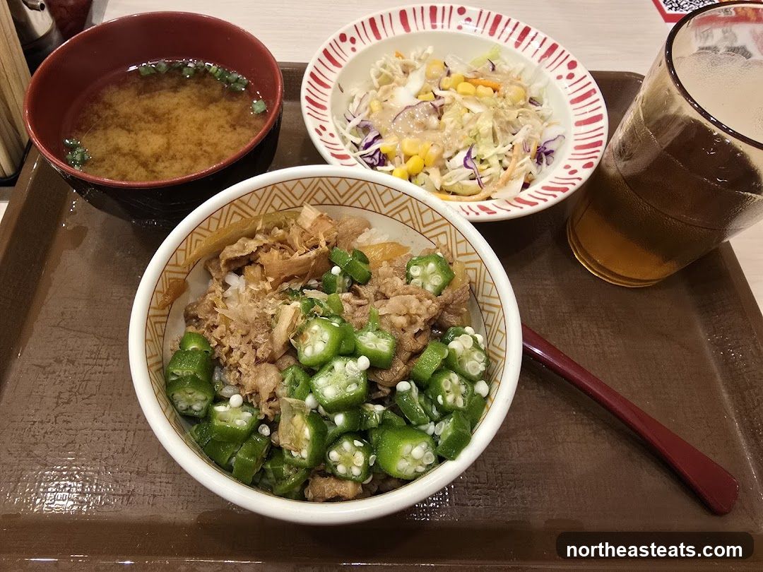 Beef and Okra Rice Bowl with Side Salad and Miso Soup