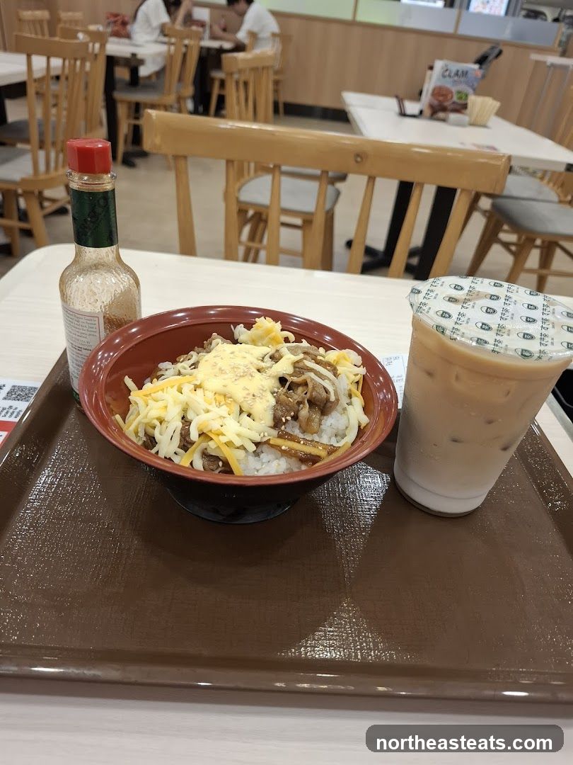 Beef and cheese rice bowl with iced coffee