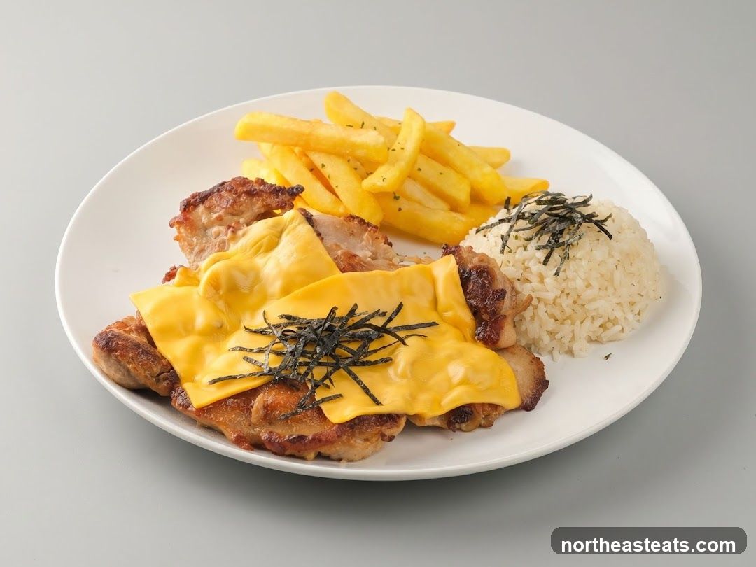 Chicken with Cheese, Fries, and Rice