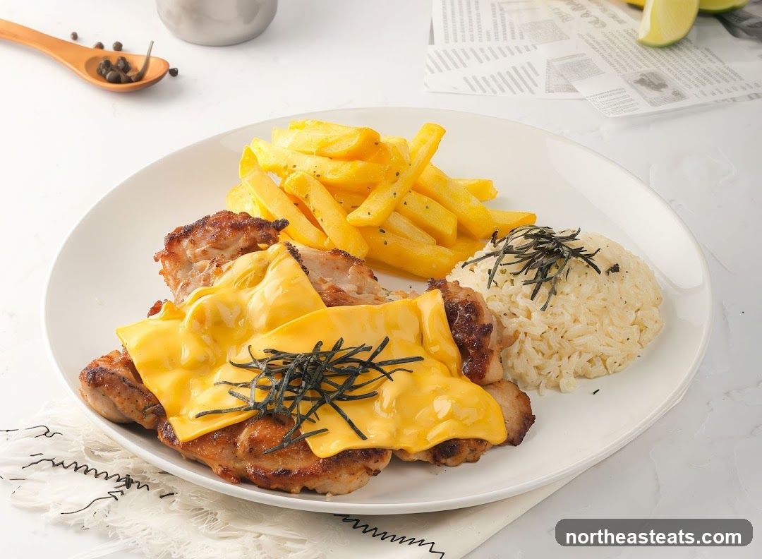 Chicken with Cheese, Fries, and Rice